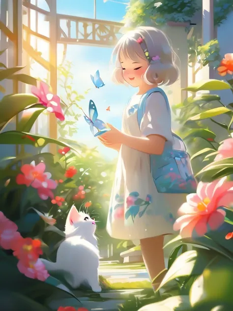 This scene is very fascinating。A girl and a white kitten in a beautiful garden。 The girl is looking at the white kitten with interest。White kitten having fun trying to catch a butterfly。 The garden is decorated with lush greenery and colorful flowers..。The...