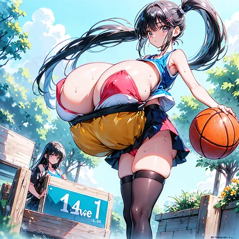 (gigantic breasts), (vulgarity)) ((large areolae)) (1girl), (vulgarity) (in heat) (sweat) (masterpiece) (high resolution)) (gigantic breasts),(1girl) beautiful girl,(cameltoe)(((gigantic breasts))),Basketball player a cartooned woman wearing a basketball j...