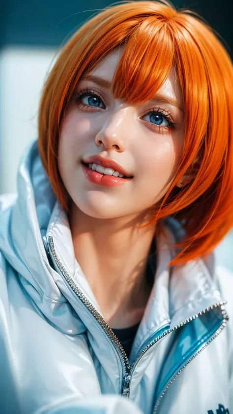 a close up of a person with short hair and a white leather jacket, koala, koala from anime one piece, as an anime character, perfect anime face, she has orange hair with bangs, female anime character, anime character, anime best girl, hime cut hairstyle, o...