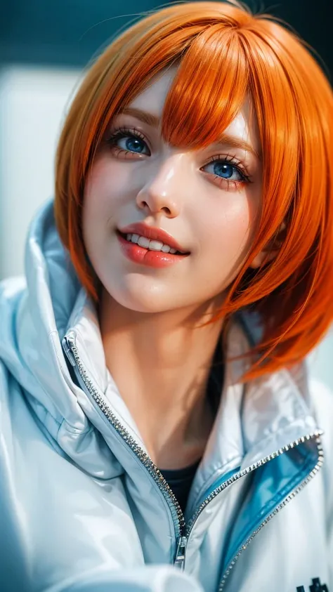 a close up of a person with short hair and a white leather jacket, koala, koala from anime one piece, as an anime character, perfect anime face, she has orange hair with bangs, female anime character, anime character, anime best girl, hime cut hairstyle, o...