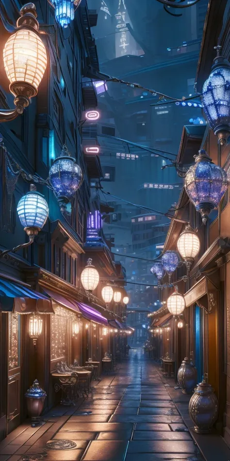 SilverSapphireAI street, ultra detailed, intricate, masterpiece, best quality, neon light, night alley