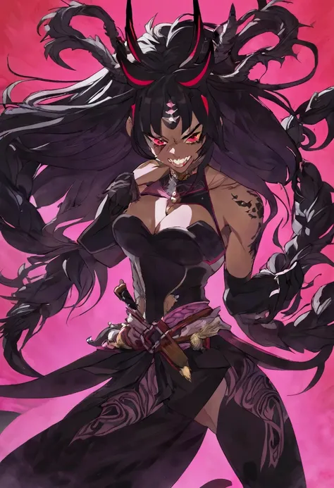 Em sua forma completa feminina, Sukuna is tall and muscular, with four arms and sharp claws. His skin is pale and covered in black tattoos.. his eyes are red and glowing, and she has a sadistic smile with sharp teeth. Her hair is long and pink, caindo ao r...