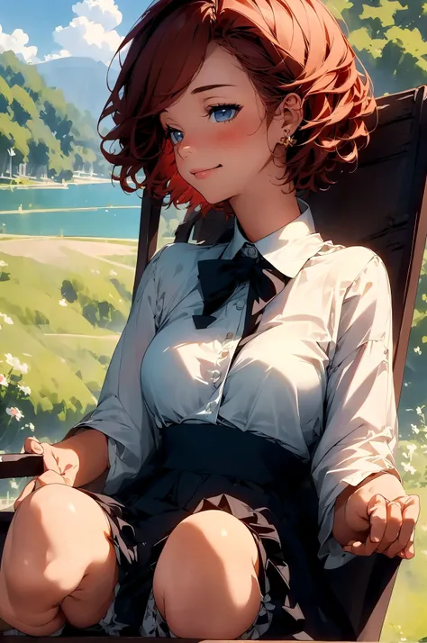 Ridiculous resolution, high resolution, (masterpiece:1.4), Super detailed, 1 young woman, Red short hair, High Detail,Lakeside,Leaning back in a chair and reading，Smile,The sun is high,Hills in the distance,it&#39;s clear,A gentle breeze ruffles the hair，P...