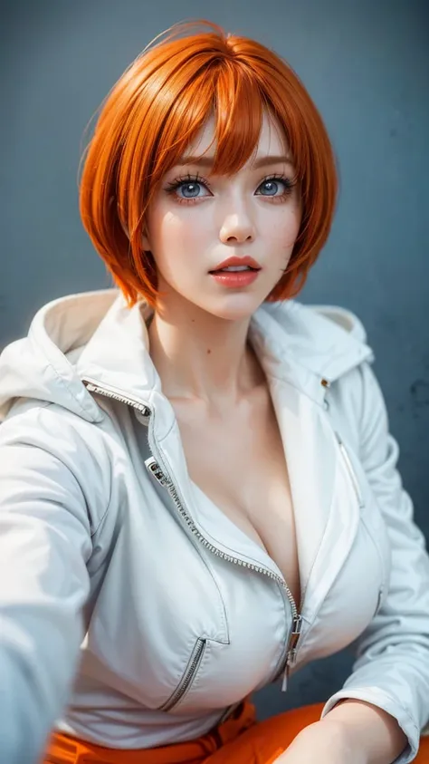 a close up of a person with short hair and a white leather jacket, koala, koala from anime one piece, as an anime character, perfect anime face, she has orange hair with bangs, female anime character, anime character, anime best girl, hime cut hairstyle, o...