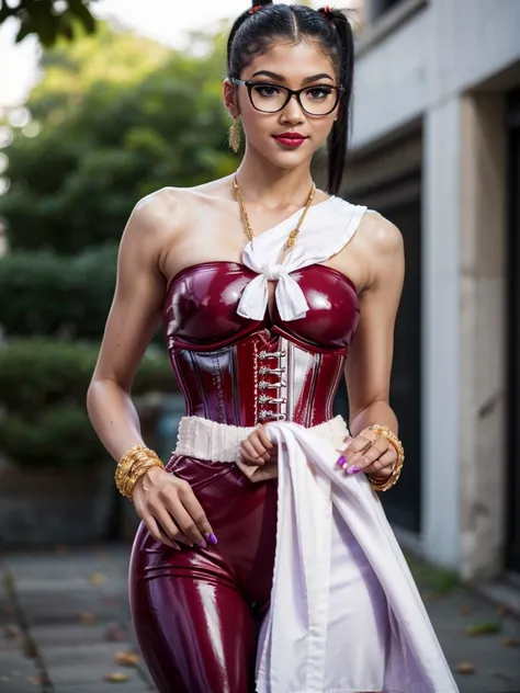 ((best quality)), ((Masterpiece)), (4k details), photorealism, See from head to knees, zendaya, Plump body, tight red latex leggings, white cotton dress shirt, (purple leather waist corset), Big muscles, Twintail hairstyle, Eyes on the camera, red lips, We...