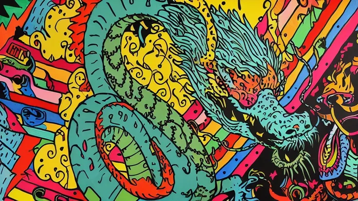 colored drawing of a dragon and a snake on a colored background, quetzalcoatl, colorful illustration, psychedelic laughing demon...