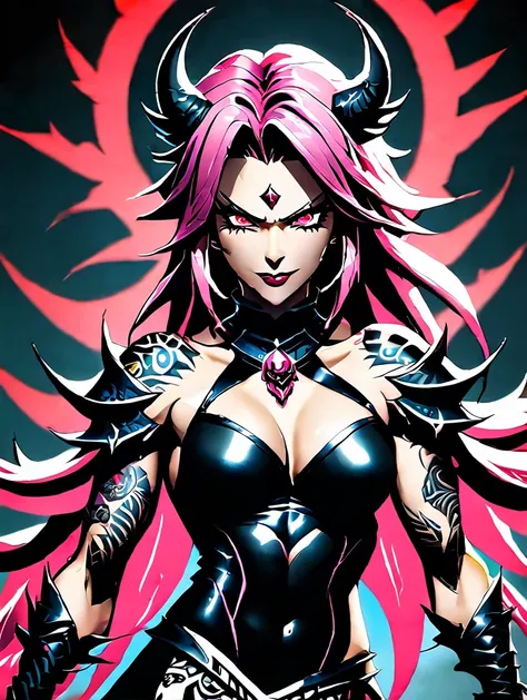 Em sua forma completa feminina, Sukuna is tall and muscular, with four arms and sharp claws. His skin is pale and covered in black tattoos.. his eyes are red and glowing, and she has a sadistic smile with sharp teeth. Her hair is long and pink, caindo ao r...