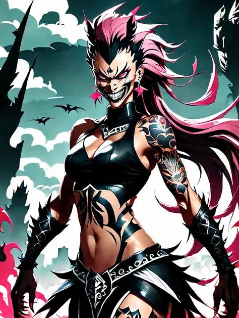 Em sua forma completa feminina, Sukuna is tall and muscular, with four arms and sharp claws. His skin is pale and covered in black tattoos.. his eyes are red and glowing, and she has a sadistic smile with sharp teeth. Her hair is long and pink, caindo ao r...