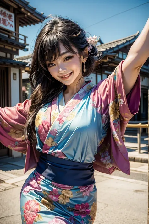 A beautiful smiling woman in a kimono greets people with a cheerful "Good morning" as she dances with her arms open under the blue sky