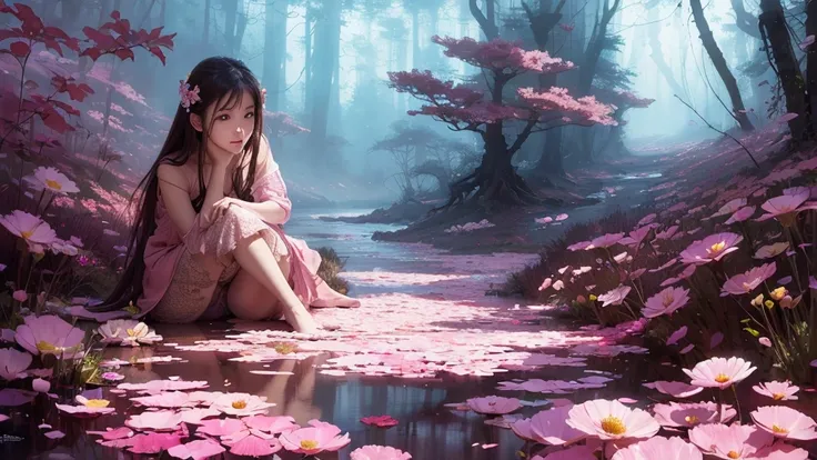 32k, Masterpiece, Highest quality, One girl, Detailed eyes, flower,Sandersonia, Pink and brown style,A dreamy, romantic piece,Pale pink, Mysterious Leaves,A playful arrangement,Fantasy,High Contrast,Ink strokes,explosion,Exposure, Impression of pink and br...