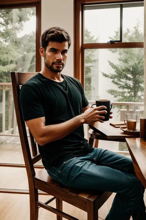 Man holding cup,setting on wooden chair,looking outside 