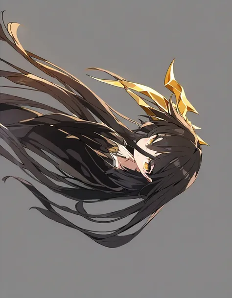 Dragon girl with crystal　golden horn　Black Hair Empty Background