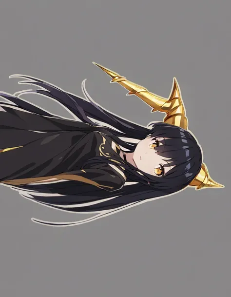 Dragon girl with crystal　golden horn　Black Hair Empty Background