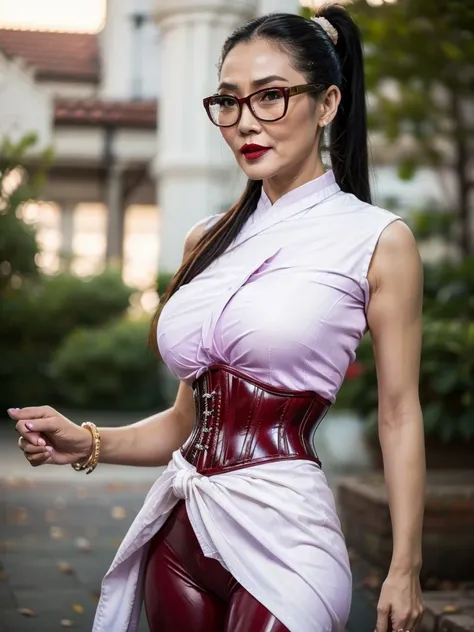 ((best quality)), ((Masterpiece)), (4k details), photorealism, ((Old Asian woman)), ((Age 70))
, Plump body, tight red latex leggings, white cotton dress shirt, (purple leather waist corset), Big muscles, Twintail hairstyle, Eyes on the camera, red lips, W...