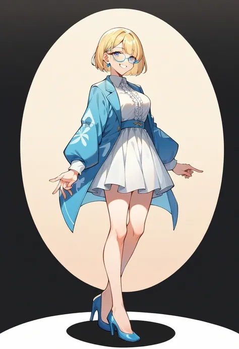 beautiful woman, beautiful face, solo, full body, standing, medium bob cut blonde hair, light blue eyes, two points glasses, medium breasts, blue opened short jacket, white blouse, white pleats skirt, (lewd calf of leg), blue high heels, soft smile, (pinch...