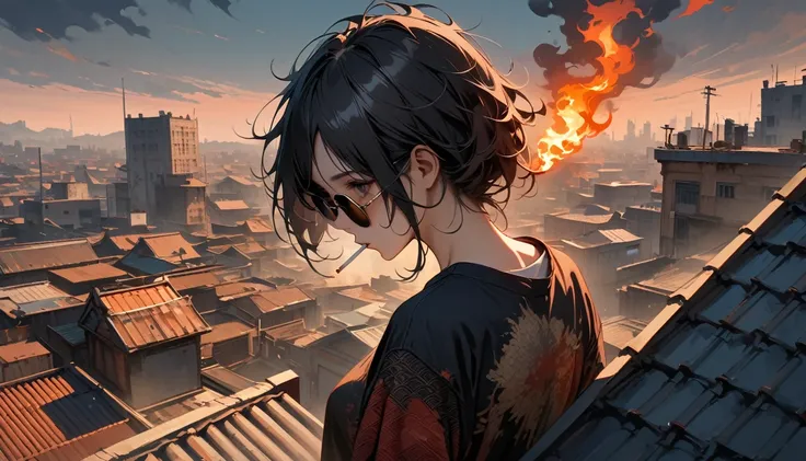 (((from behind))), (((whole body))), (((Rooftop))), ((8k of extremely detailed CG unit, Masterpiece, high resolution, highest quality, highest quality real texture skin)), (((darkness))), (((sunglasses))), (((The cigarette is burning))), ((1 girl)), (Japan...