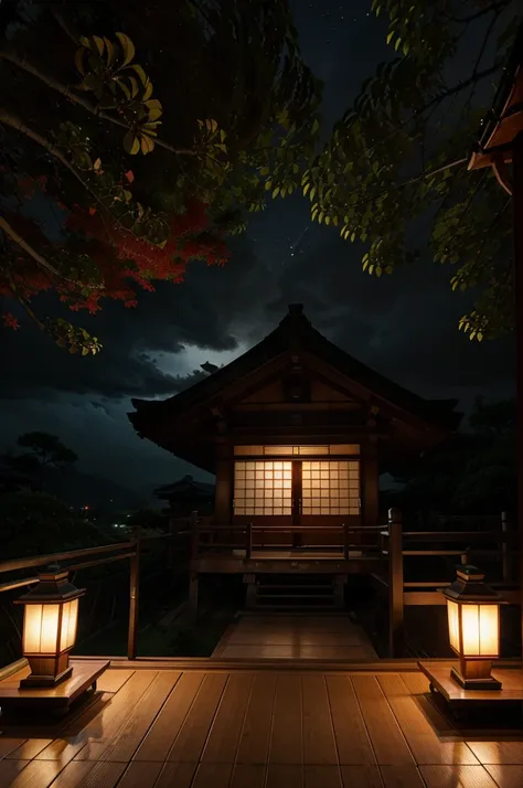 Panoramic, Traditional Japanese wooden house, Far above view, low lighting, raining lightly, night, tree, leafy, cloudy, star, red moon, High quality, 8K,  