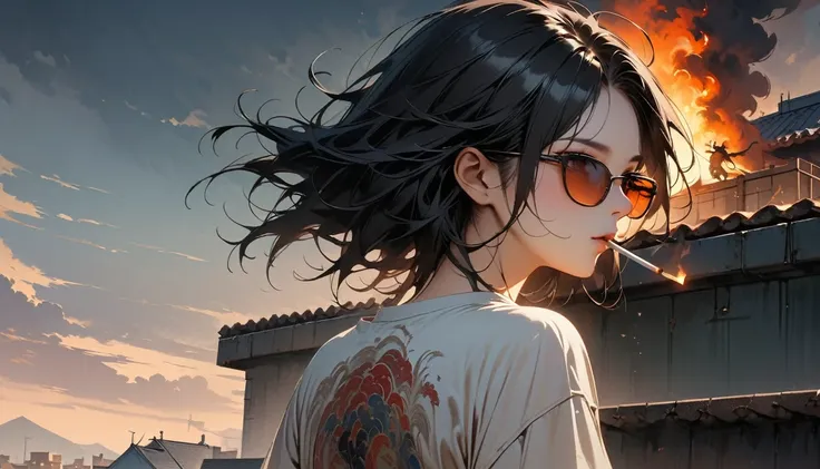 (((from behind))), (((whole body))), (((Rooftop))), ((8k of extremely detailed CG unit, Masterpiece, high resolution, highest quality, highest quality real texture skin)), (((darkness))), (((sunglasses))), (((The cigarette is burning))), ((1 girl)), (Japan...