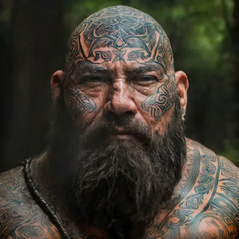 (masterpiece)+, (extremely (realistic)+,a portrait of a extremely ugly male tribal barbarian, Completely bald, Massive, muscular, tattoo covered skin, Massive beard. Focused stare. Looking at camera. volumetrics dtx, Photorealistic, ultra detailed, Artstat...