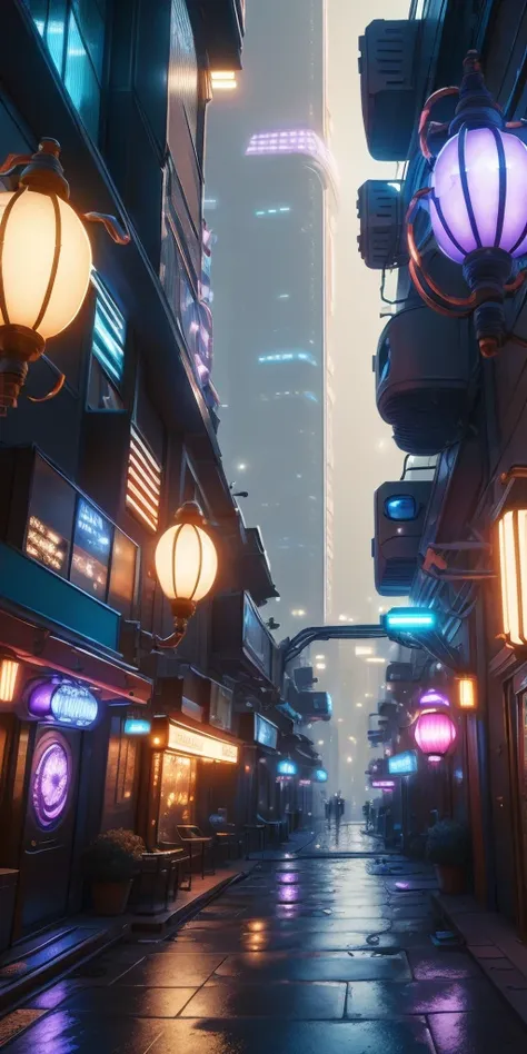 An illustration depicting a cyberpunk cityscape at night. A narrow alley filled with neon signs and exotic, futuristic lamps illuminating the surroundings. Various colors of neon lights are scattered along the street, with blue and purple lights standing o...