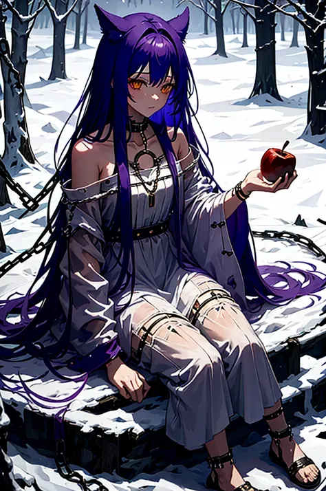 fenrir, ((eat apple)), sit down, chained, winter, outdoor, white dress, tattered clothes, purple hair, dark purple hair, golden ...