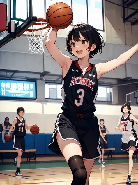 In one girl、fun、dress,（small breasts ) , blackshort hair, black eyes, playing basketball, happy, scoring in basketball