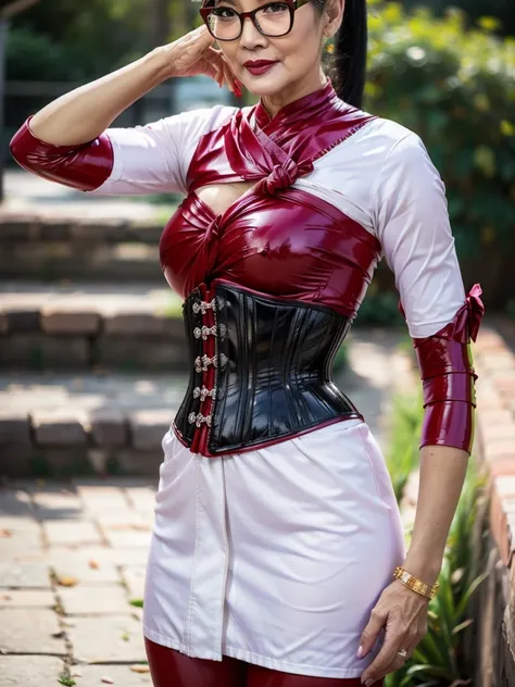 ((best quality)), ((Masterpiece)), (4k details), ((Old Asian woman)), ((Age 70)), (((See the whole body from head to toes.))), Plump body, tight red latex leggings, white cotton dress shirt, (purple leather waist corset), Big muscles, Twintail hairstyle, E...