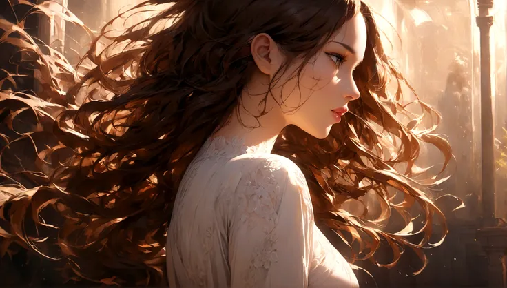 a sexy girl, back view, long brown hair, wearing a white shirt, looking over her shoulder, detailed face, beautiful eyes, full lips, graceful pose, dramatic lighting, cinematic composition, vibrant colors, intricate details, high resolution, photorealistic...