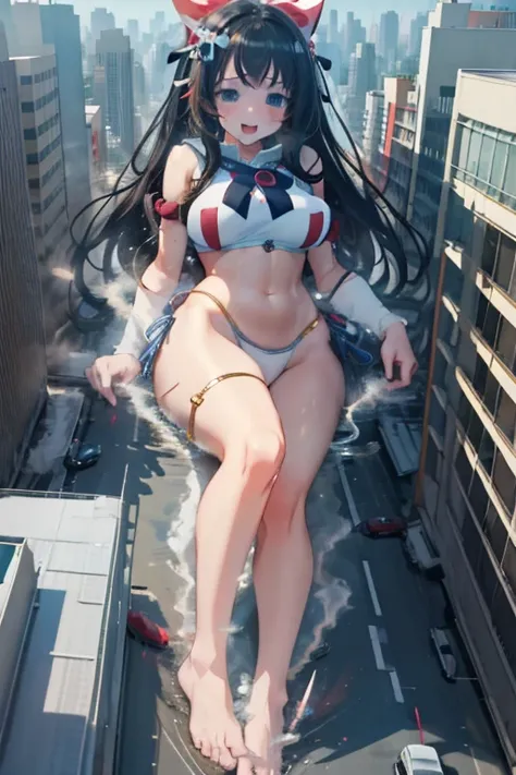  gts, wariza,1girl,  color frilled string bikini :1.4,large breasts, giantess, day,  continent, many nano sized city ,buildings,:D,looming,aerial view,full body,pair of long legs
,oppai loli:2.2,kawaii:1.5

