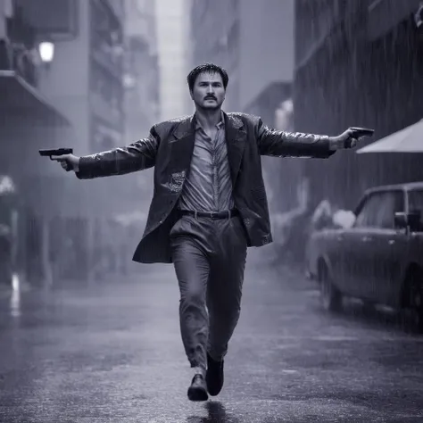 cinematic film still of  In the 1980s In Hong Kong China a wet man walking down a rain soaked street,short hair,shirt,1boy,jacket,monochrome,greyscale,male focus,outdoors,multiple boys,pants,night,facial hair,rain,city,Asian,cinematic,action-themed,violenc...