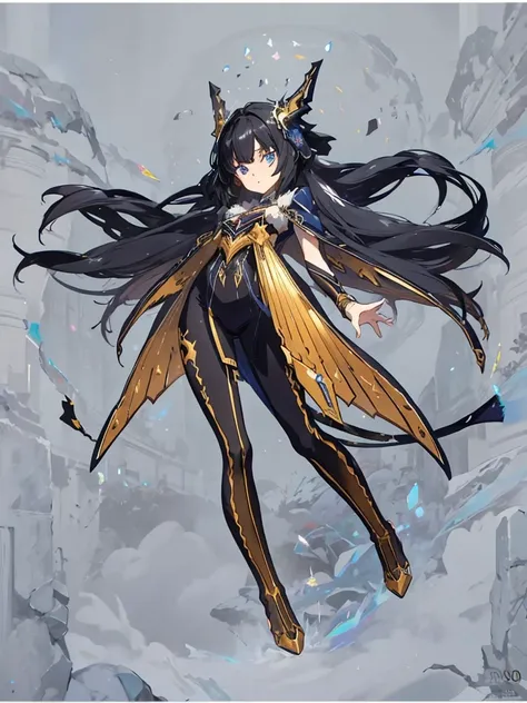 Dragon girl with crystal　golden horn　Black Hair　Full body black(Anime Style:1.6)High contrast girl, Sitting, Side Shot, (null:1.3), (masterpiece, Highest quality, perspective, Depth of written border:1.5), Flowers, Rocky Mountain, forest, Beautiful Face, T...