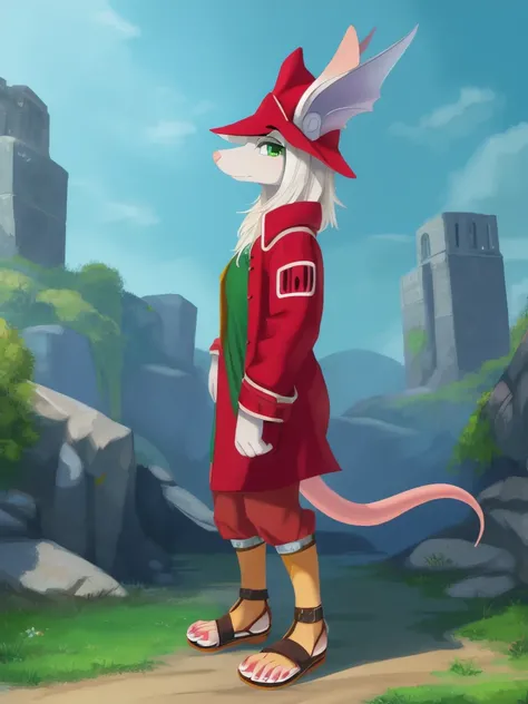 furry female, snout, red headwear, red jacket, mouse girl, green eyes, (masterpiece, best quality:1.2), full body portrait, freya crescent, 1girl, solo,(white skin:1.05), colored skin, furry, green dress, sandals, gladiator sandals, leg guards,  tail, look...