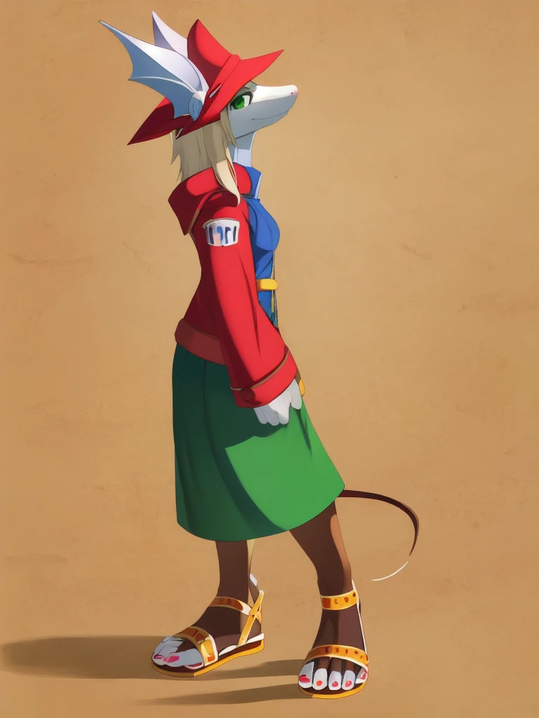 furry female, snout, red headwear, red jacket, mouse girl, green eyes, (masterpiece, best quality:1.2), full body portrait, freya crescent, 1girl, solo,(white skin:1.05), colored skin, furry, green dress, sandals, gladiator sandals, leg guards,  tail, look...