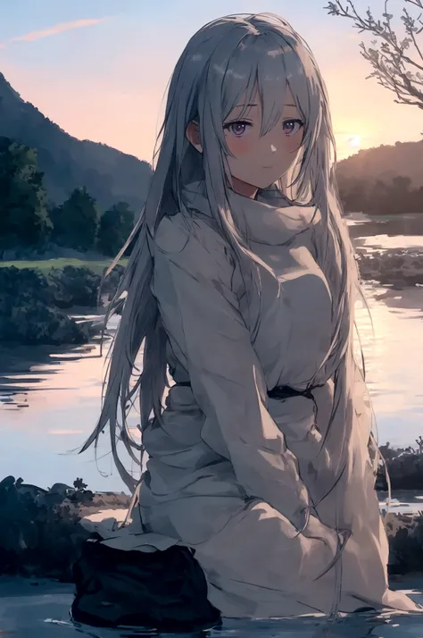 Draw an image of a female anime character sitting alone by a lake at sunset, with a facial expression that reflects both sadness and serenity in the silence