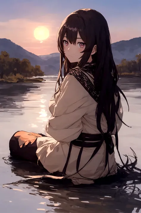 Draw an image of a female anime character sitting alone by a lake at sunset, with a facial expression that reflects both sadness and serenity in the silence