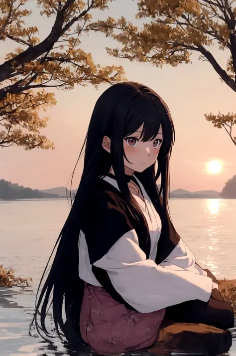 draw an image of a female anime character sitting alone by a lake at sunset, with a facial expression that reflects both sadness...