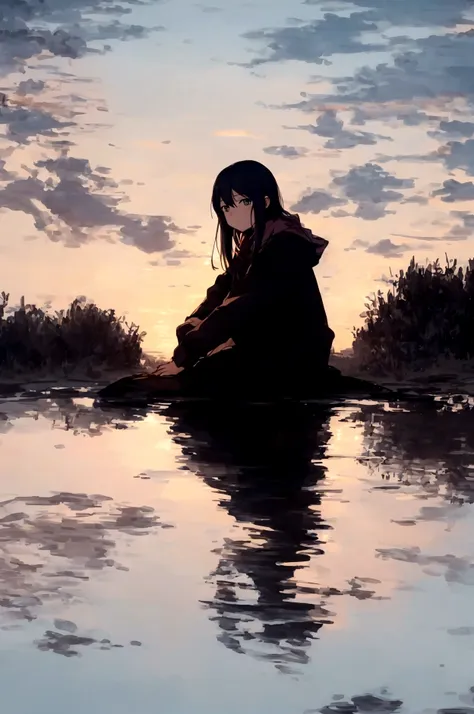 draw an image of a female anime character sitting alone by a lake at sunset, with a facial expression that reflects both sadness...