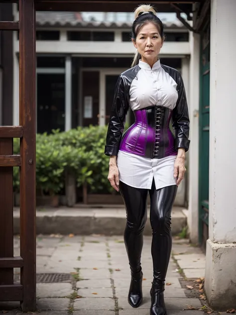 ((best quality)), ((Masterpiece)), (4k details), photorealism, full body, (((Old Asian woman))), ((Age 70)), tight black latex leggings, white cotton dress shirt, purple leather waist corset, Big muscles, Twintail hairstyle, Eyes on the camera,