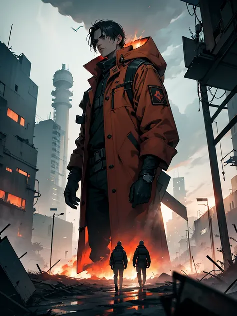 In an apocalyptic setting, scientists clad in science coats stand with their backs turned towards us, gazing at the ominous sky. The scene is characterized by a hard-core, gritty aesthetic, with a focus on technology and survival amidst devastation. The co...