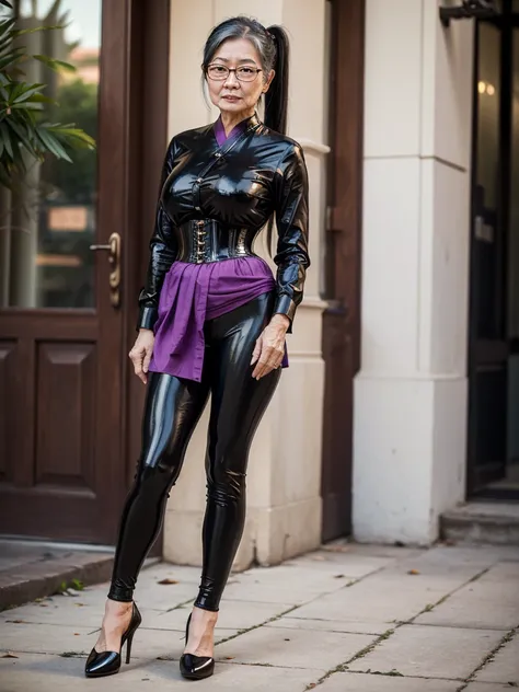 ((best quality)), ((Masterpiece)), (4k details), photorealism, full body, (((Old Asian woman))), ((Age 70)), tight black latex leggings, white cotton dress shirt, purple leather waist corset, Big muscles, Twintail hairstyle, Eyes on the camera, Wear eyegla...