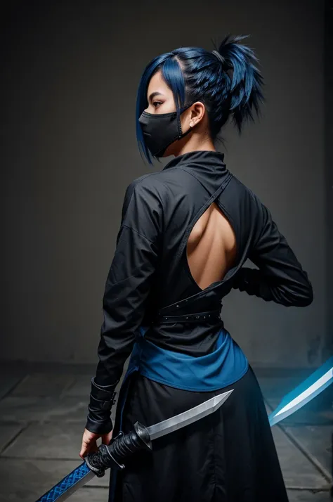 Own character, 2 cross sword back, wearing ninja clothes, black and blue color mix hair, wearing mask 