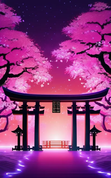 Shrine Torii、in the center，Very bright color, Light Particles, The light shines, Musibu, Wallpaper Art, UHD wallpaper、Background purple、Mysterious、Impersonal、