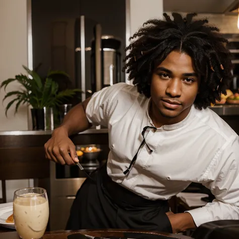 Black man with afro hair with brown eyes wearing a waiter&#39;s outfit on a background of a white wall with the photo medium short shot 