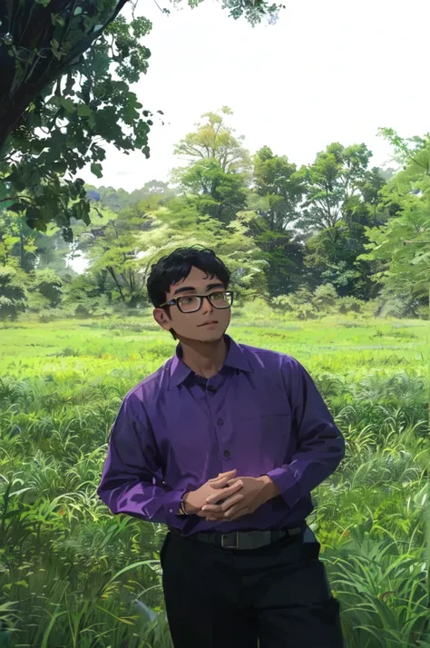 man with glasses in a purple shirt standing in a field of tall grass, in front of a forest background, nivanh chanthara, ramil s...