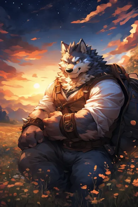 human nature, cannon, male, Solitary， ((Heterochromatic Blue、Orange Eyes)), ((Endomorph, Handsome，charming)), (Black Jacket，White shirt，Age-appropriate backpack，Bells on hands), ((Domestic Wolf Orc, Adult wolf orc), (in a meadow), Bokeh, (high quality, hig...