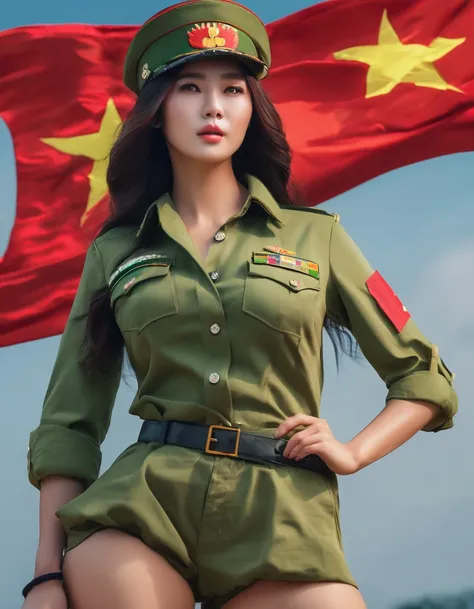 A sexy busty Vietnamese woman with gigantic breasts and very long hair, wearing a green military uniform with a Vietnam flag on the shirt, and mini shorts, (best quality,4k,8k,highres,masterpiece:1.2),ultra-detailed,(realistic,photorealistic,photo-realisti...