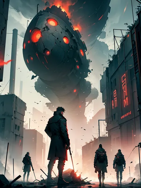 In a dystopian apocalyptic scene, scientists in science coats stand with their backs turned towards us, united in their contemplation of the bleak, chaotic sky. The setting exudes a gritty, hard-core vibe, emphasizing technology and survival in a world on ...