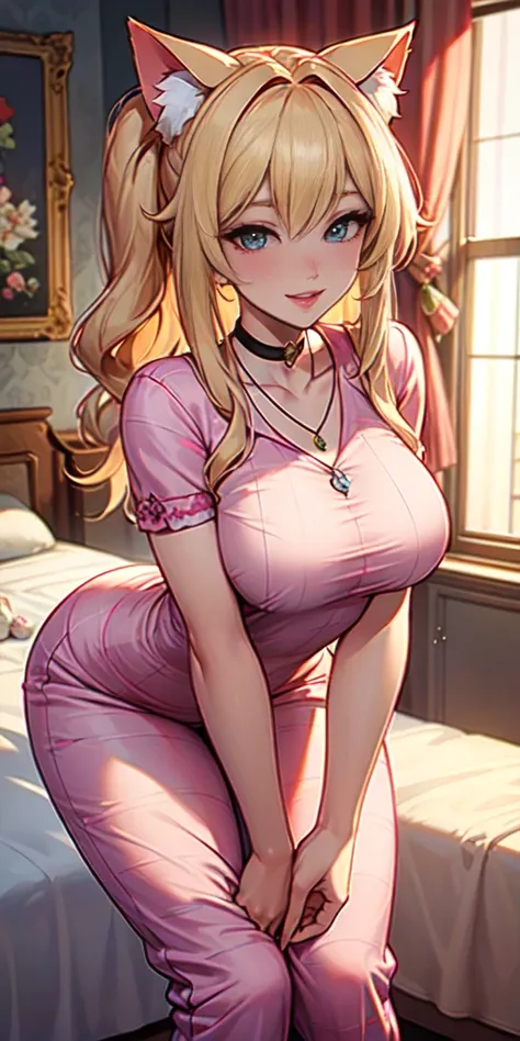 Masterpiece, beautiful art, 8k, art style by sciamano240, very detailed face, detailed hair, detailed clothes, detailed fabric, 1girl, beautiful face, long hair, blonde hair , very detailed one green eye, one blue eye, cat eyes, cute smile, wearing pink py...