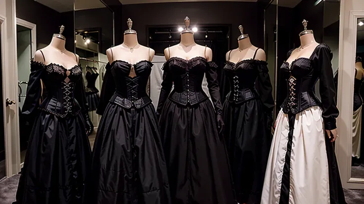 luxury dressing room, gothic, black, corsets, ballgowns