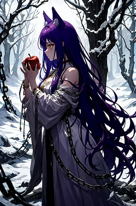 fenrir, side view, eating apple, long hair, purple hair, yellow eyes, tattered clothes, white dress, chained, golden chain, appl...